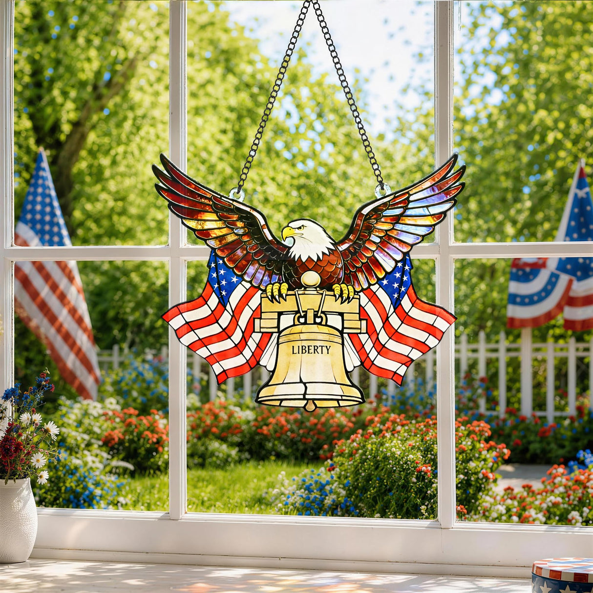 SUNCKET America 250th Independence Day 4th of July Decorations American Bald Eagle 7.8 Inch Stained Glass Window Hanging Suncatcher