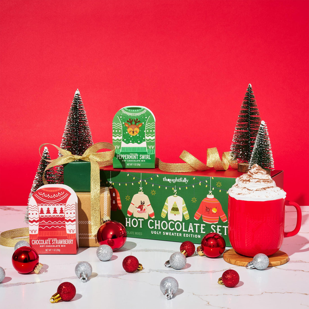 Thoughtfully, Holiday Hot Chocolate Mix Gift Set, Ugly Sweater Cocoa Sampler with 12 Flavored Packets Including Peppermint, Gingerbread, Rocky Road & More, Christmas Gift Box, Set of 12