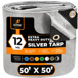 Heavy Duty Silver Poly Tarp 50' X 50' - Multipurpose Protective Cover - Durable, Waterproof, Weather Proof, Rip and Tear Resistant - Extra Thick 12 Mil Polyethylene - by Xpose Safety