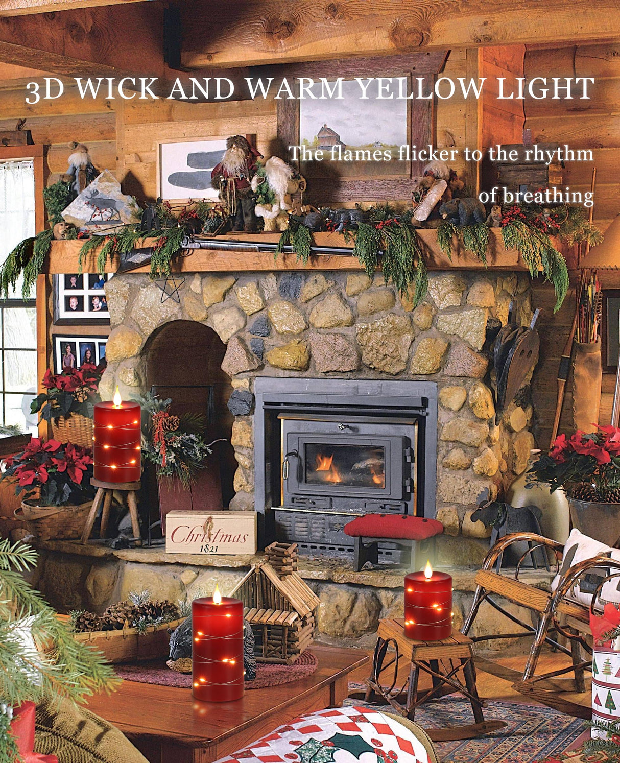 Fanzir Red flameless Candles with Remote Control Timer Battery Operated LED Pillar Candles 4‘’ 5‘’ 6‘’ Fake Candles with String Lights Set of 3 for Christmas or Special Festivals Decorations