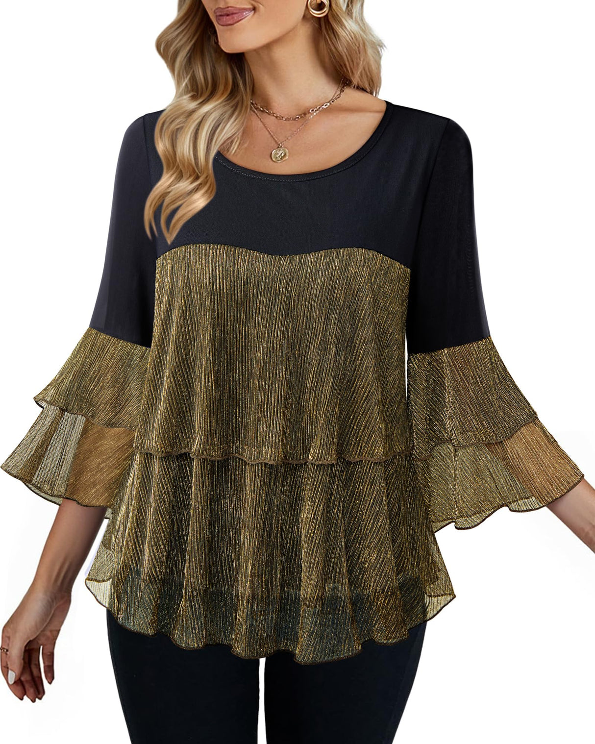 Bebonnie Flowy Sparkly Tops for Women Party: Ladies Casual Long Sleeve Dress Shirts Chiffon Blouses Plus Size Dressy Tops for Wedding Elegant Christmas Night Out Fancy Evening Wear Black Gold XXL