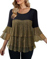 Bebonnie Flowy Sparkly Tops for Women Party: Ladies Casual Long Sleeve Dress Shirts Chiffon Blouses Plus Size Dressy Tops for Wedding Elegant Christmas Night Out Fancy Evening Wear Black Gold XXL