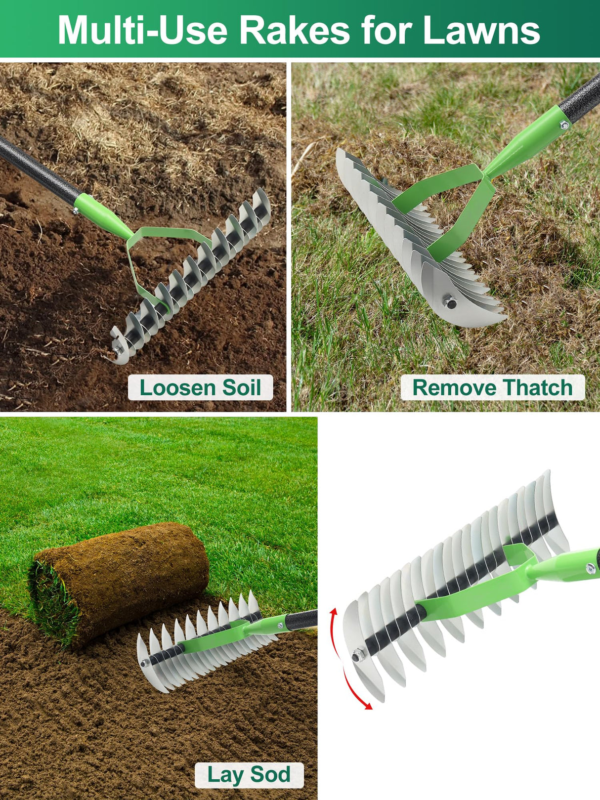 Thatch Rake for Lawns, Heavy Duty Garden Dethatcher Rakes with 46" Adjustable Long Handle, Double-Sided Sharp Tines for Dead Grass Moss Removal, Manual Metal Soil Loosening Thatching Tools for Yard