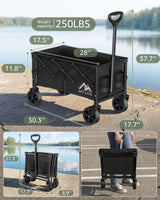 MEUIS Collapsible Wagon Cart with Wheels - 250LBS Heavy Duty Folding Wagon for Groceries Shopping Outdoor Apartment Portable Foldable Utility Grocery Trolley, Black, L