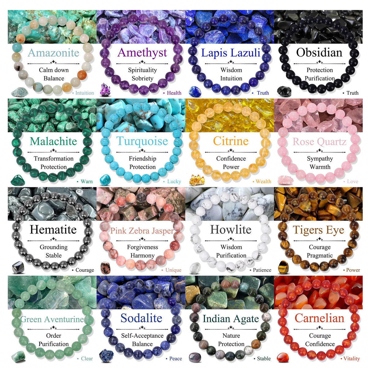 SAMOCO 16Pcs Natural Healing Crystal Bracelets for Women Men