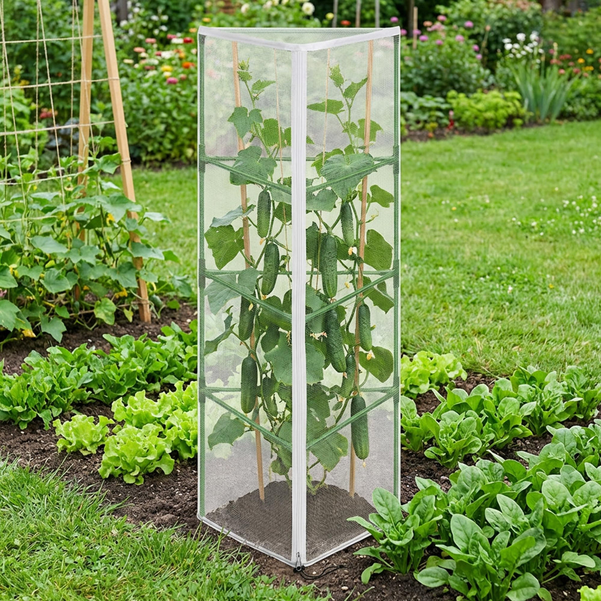 4 Pcs Garden Bird Netting for Triangle Plant Cage, 59" x 20" x 20" Tomato Cage Garden Net Cover with Zipper, Tomato Trellis Insect Bird Barrier Protection Mesh for Vertical Climbing Plant Vegetable