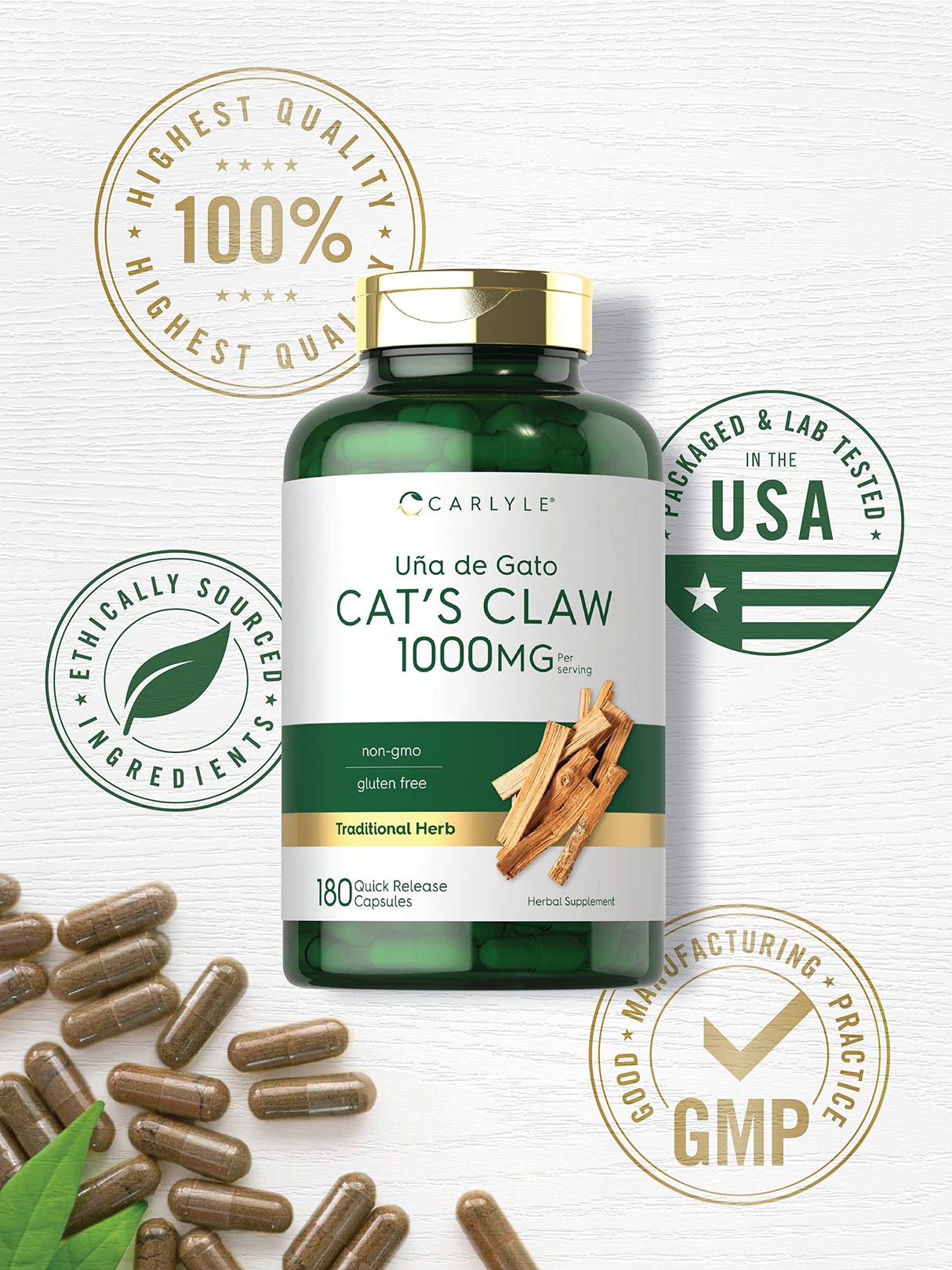 Carlyle Cat's Claw Herb Capsules 1000mg | 180 Count | Uncaria Tomentosa | Non-GMO, Gluten Free Supplement
