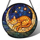 AMDERVEN Stained Glass Window Hanging - Orange Moon Sleeping Cat Sun Catcher for Door Home Decor Blue Starry Sky Suncatcher Christmas Mother's Day Birthday Gifts for Women Men Mom Nana 6.3 in