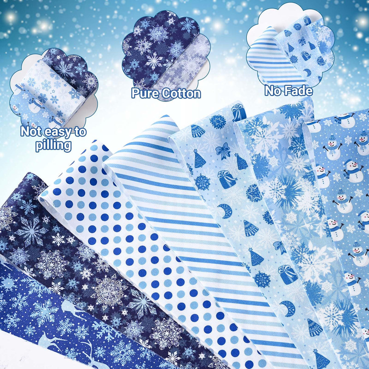 40 Pcs Winter Christmas Snowflakes Cotton Jelly Fabric Strips Blue and White Snowflake Reindeer Patchwork Strips for Quilting Crafting Snowman Precut Patchwork for Sewing DIY Crafts