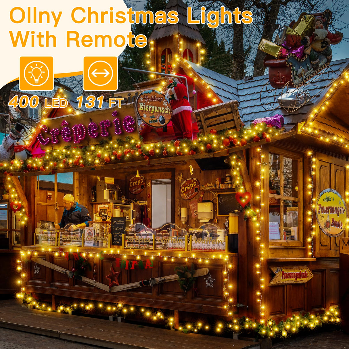 Ollny Christmas Lights Outdoor 400LED 131FT, Warm White Fairy Lights with Remote 3 Timer, Plug in 8 Modes String Lights for Bedroom Indoor Outside House Party Xmas Decorations