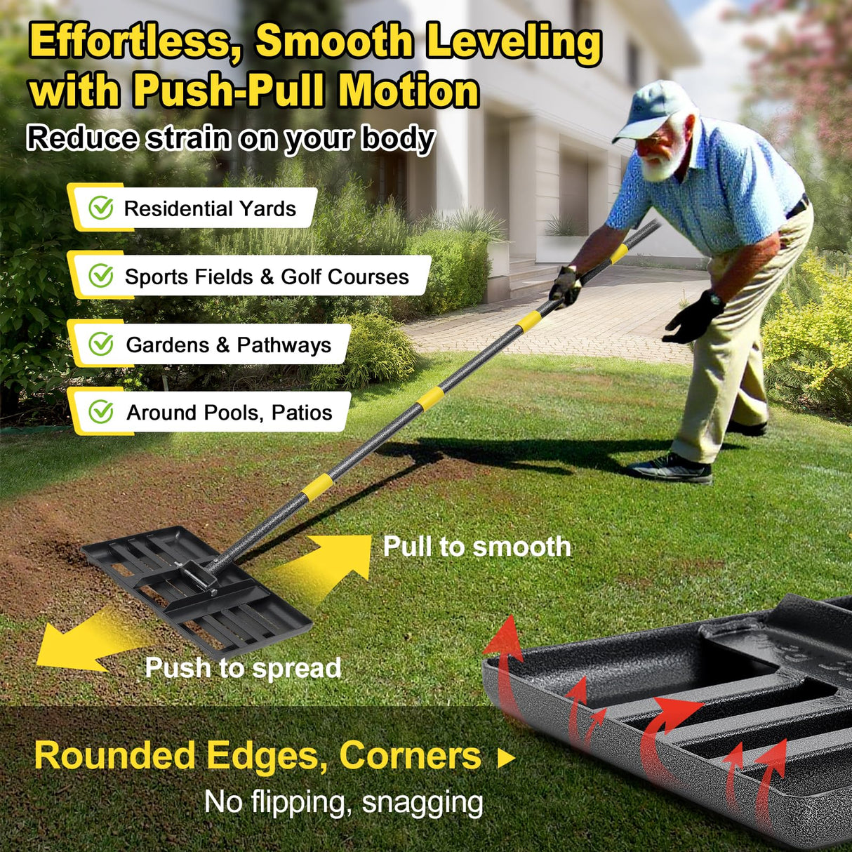 Lawn Leveling Rake, Heavy Duty 17" x 10" Stainless Steel Lawn Leveler for Soil Dirt Leveling Spreading,72" Adjustable Long Handle,Golf Field,Lawn,Tight Spot Landscaping Tool,Ground Leveler for Yard