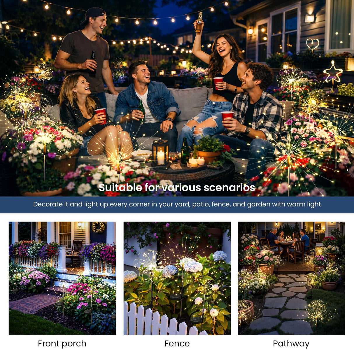 SUNCKET Solar Lights Outdoor, 120LED 2pack Fairy Garden Lights Decor for Outside Fireworks Lights Solar Powered for Yard, Patio, Pathway, Walkway, Balcony, Warm White