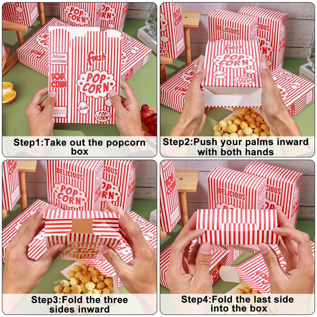 Dualshine 200 Pack Popcorn Boxes,1.25 oz Paper Popcorn Containers,Red and White Striped Close-Top Cardboard Pop Corners Bags Individual Servings for Theater Night Movie,Party,Christmas