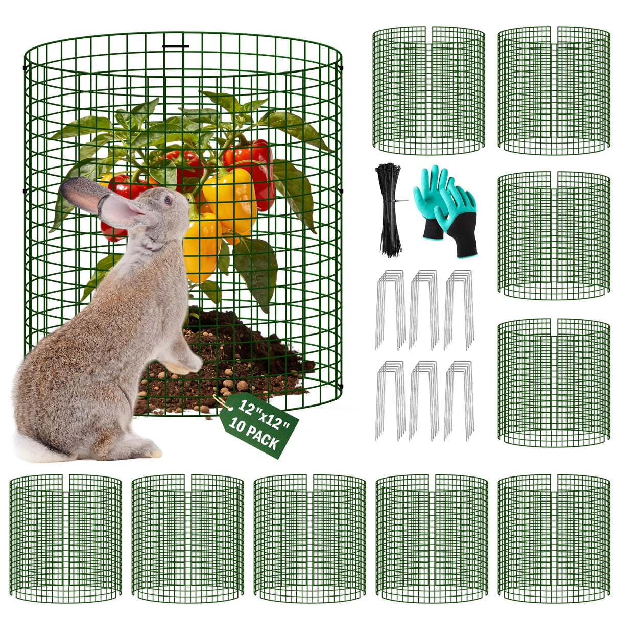 Uyittour 10 Pack Plant Protectors from Animals, 12" x 12" Round Metal Wire Garden Plant Cages to Keep Animals Out, Rabbit Proof Protection for Vegetables & Flowers with Stakes, Zip Ties & Gloves