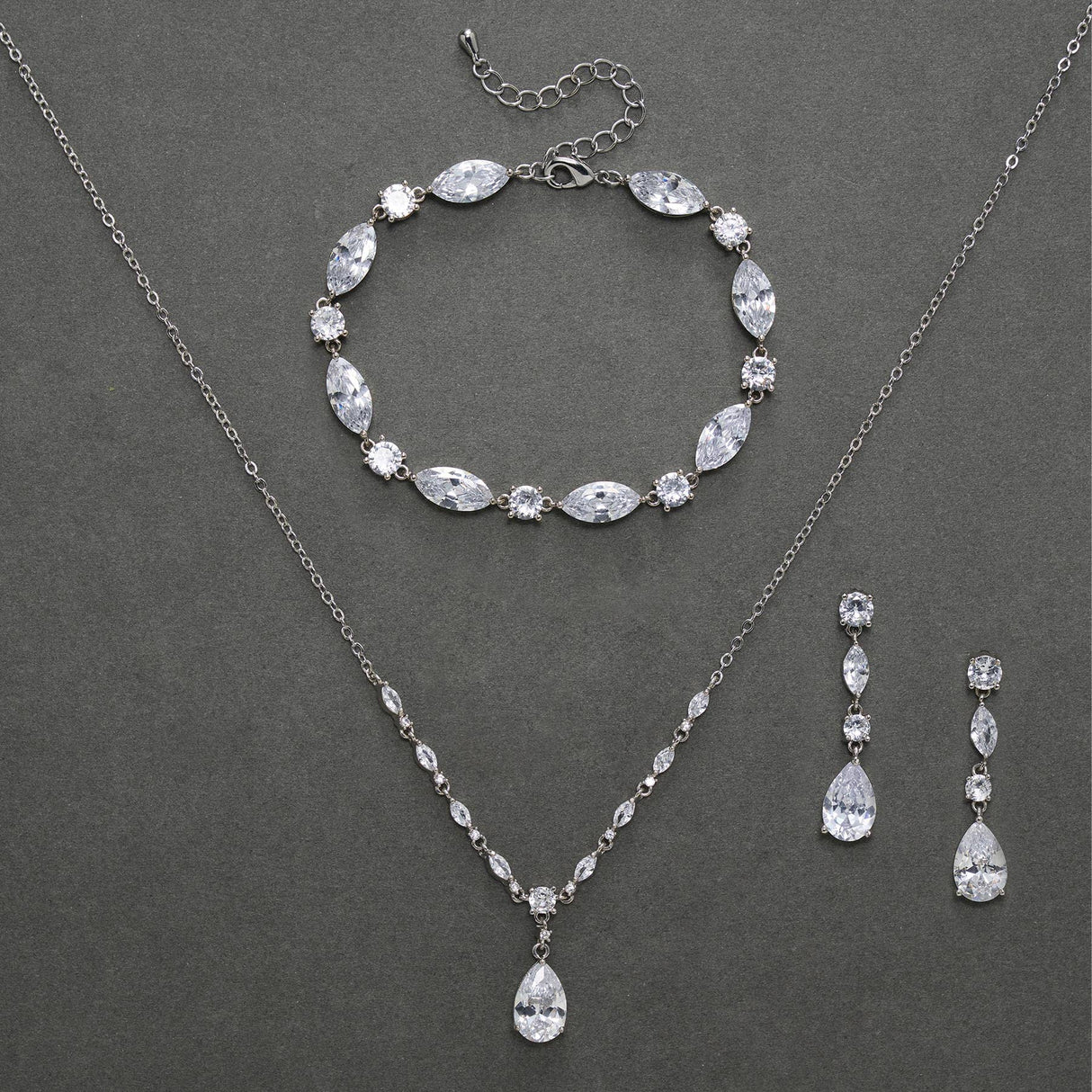 SWEETV Bridal Jewelry Set for Wedding, Cubic Zirconia Necklace Dangle Drop Earrings Bracelet Set, Teardrop Marquise Brides Bridesmaids Wedding Prom Anniversary Jewelry Gifts for Women