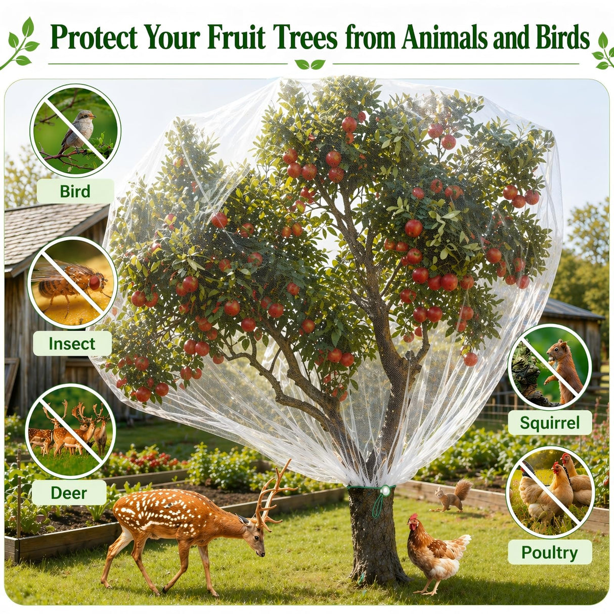 3 Pack 8 x 8 ft Large Fruit Tree Netting Covers with Zipper & Drawstring, Extra Fine Mesh Garden Netting for Blueberry Peach Apple Trees, Protects Fruit from Birds, Squirrels, Deer, Cicadas & Beetles