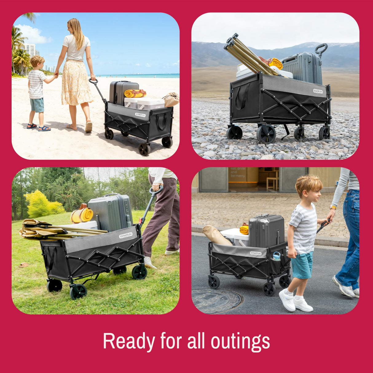 SYNCFUN Collapsible Wagon Cart Foldable, Portable Rolling Shopping Carts with Wheels, All Terrain Folding Sport Beach Wagons, Heavy Duty Garden Utility Cart for Groceries Fishing, Black