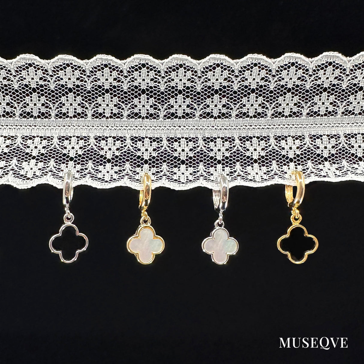 MUSEQVE White Four Leaf Clover Earrings for Women 14K Gold Plated Mother of Pearl Lucky Clover Charm Drop Dangle Huggie Hoop Jewelry Gifts [CVRE-WH-G]