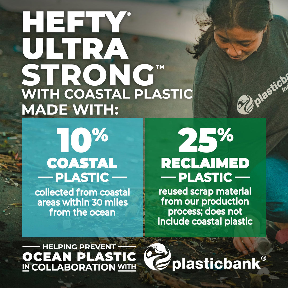 Hefty Ultra Strong 13 Gallon Trash Bags, Tall Kitchen Trash Bags Made with Recovered Materials, Including Coastal Plastic, Drawstring, Resists Leaks and Punctures, Gray, Seaside Breeze Scent, 80 Bags