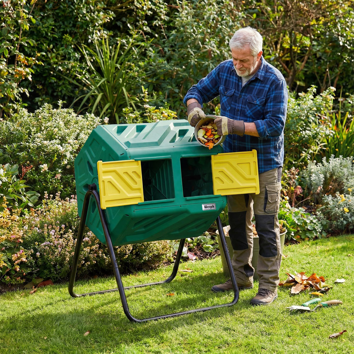 Werph 43 Gallon Compost Bin with Gloves, Fast Assembly & Easy Setup Outdoor Compost Tumbler, Updated Dual Chamber Tumbling Composter for Garden, Kitchen, and Yard Waste, Green