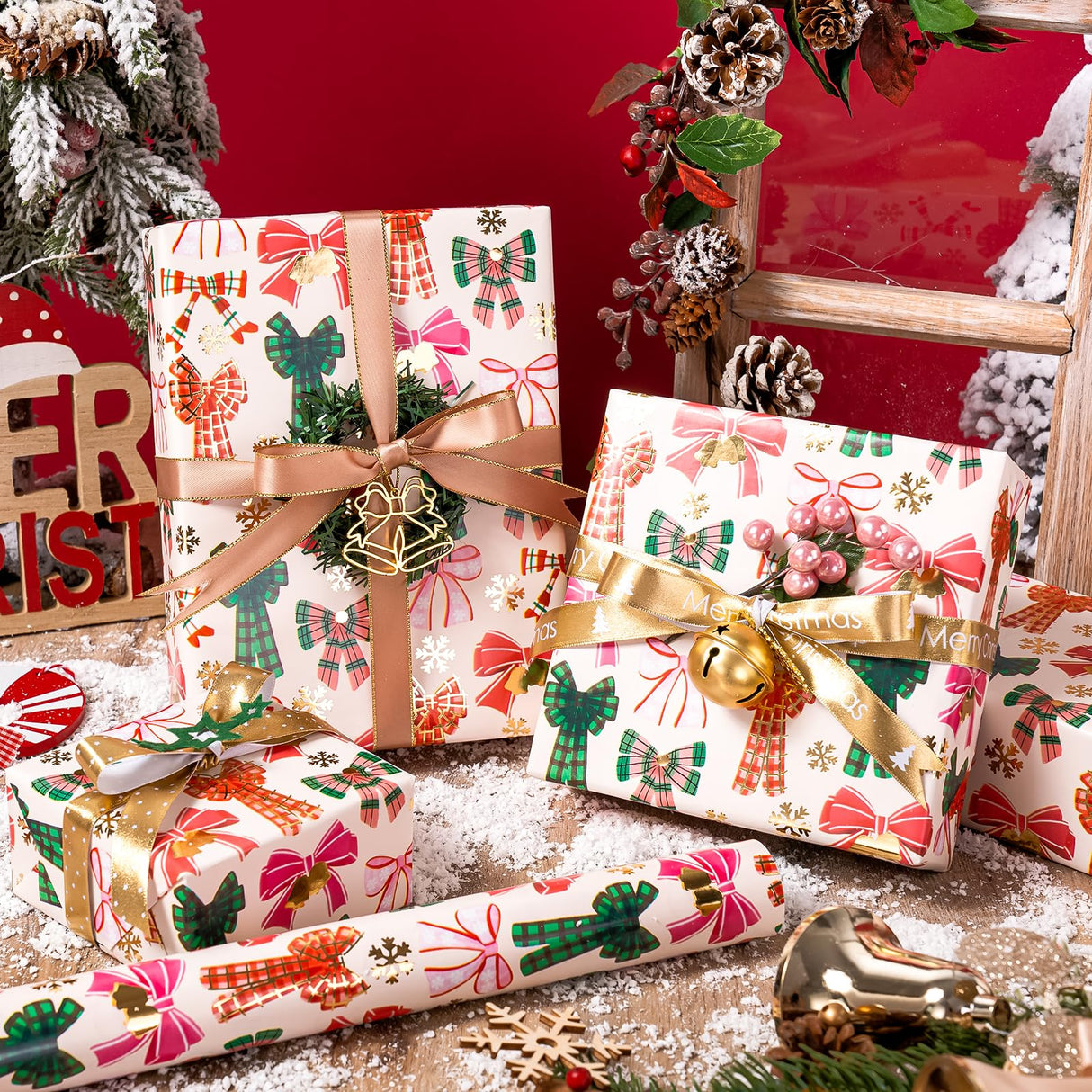 WRAPAHOLIC 30 Inch Jumbo Bow Christmas Wrapping Paper - 30 Inch x 33 Feet - Gold Foil Snoflakes and Plaid Bow Wrapping Paper for Girl Boy Kids, Christmas, Holiday