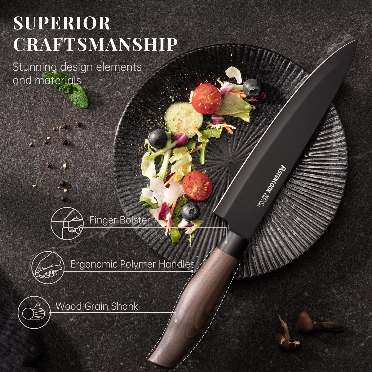 Astercook Knife Set, 6-Piece Kitchen Knife Set with Block, High Carbon Stainless Steel Ultra Sharp Kitchen Knives, Wood Grain Handle, Dishwasher Safe Knife Block Set, Black, Kitchen Utility Knives