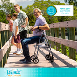Stander Wonder Rollator, Lightweight Folding Space Saver Mobility Rolling Walker for Seniors and Adults, 6-inch Wheels, Locking Brakes, and Padded Seat with Backrest, Black Walnut