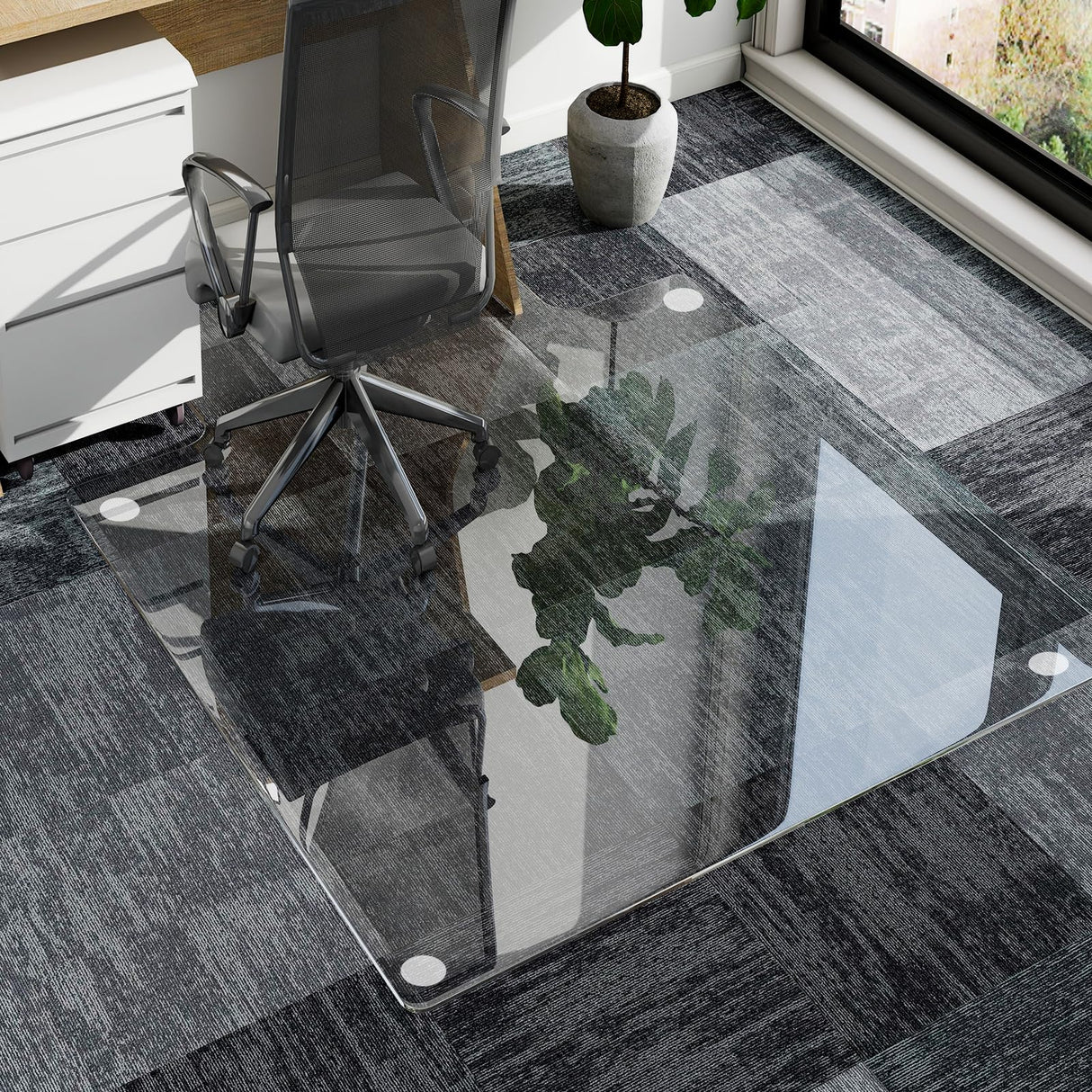 GLSLAND Irregular Tempered Glass Floor Mat - 45" x 53" Office Chair Mat for Carpet Clear Duty Hard Rolling Glass Mat 1/5" Thick for Hardwood Floor/Carpeted Floors, Clear