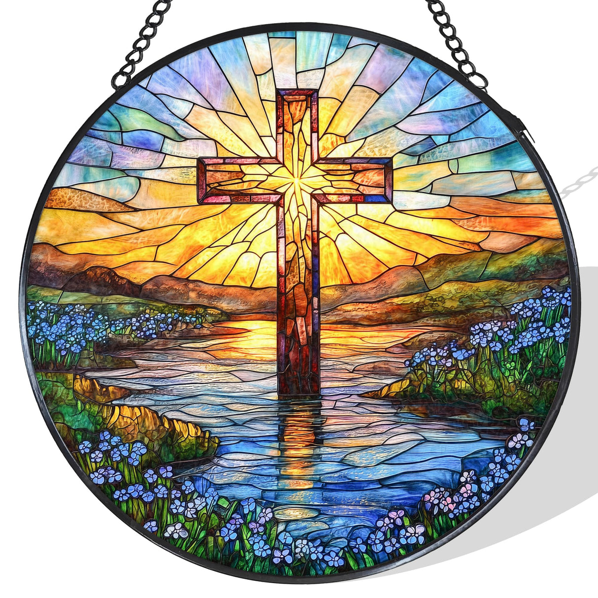WUHSDIBC Cross Forget Me Not Stained Glass Window Hanging Suncatcher, Christian Flower Sunset Sun Catcher Indoor Window Decor Gifts, Religious Painted Glass Round Wall Hanging Decorations 7.8x7.8 in