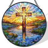 WUHSDIBC Cross Forget Me Not Stained Glass Window Hanging Suncatcher, Christian Flower Sunset Sun Catcher Indoor Window Decor Gifts, Religious Painted Glass Round Wall Hanging Decorations 7.8x7.8 in