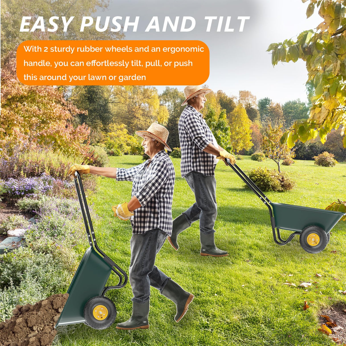 VINGLI 2 Wheel Wheelbarrow, Plastic and Steel Wheel Barrel, 330lbs Capacity Garden Cart for Lawn, Gardening, Construction