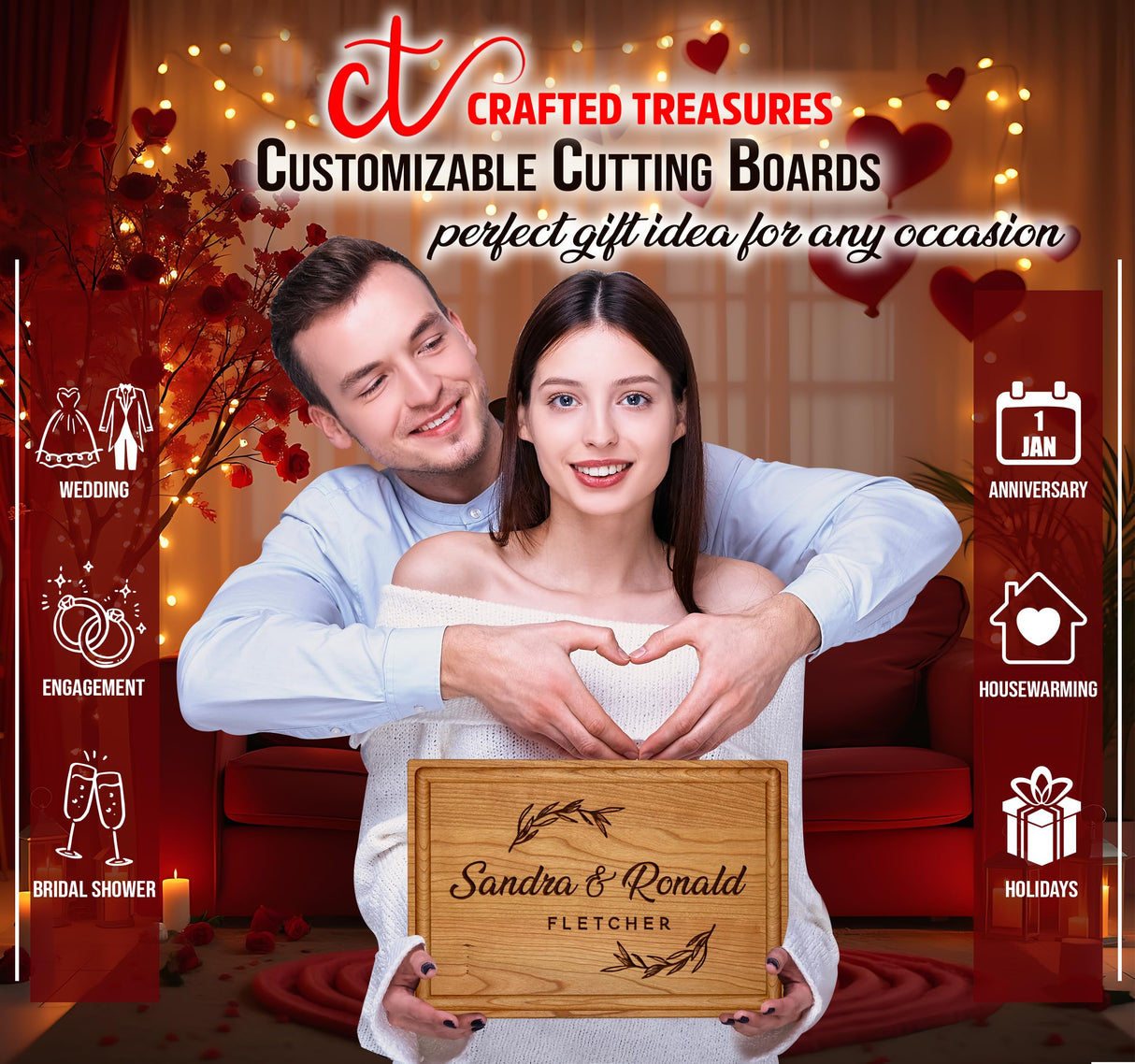 Crafted Custom Cutting Board - Personalized Cutting Board - Engraved Charcuterie Board - Wedding Gift for Couple - Best Present Idea for Bride, Bridal Shower, Anniversary, Christmas, & Housewarming