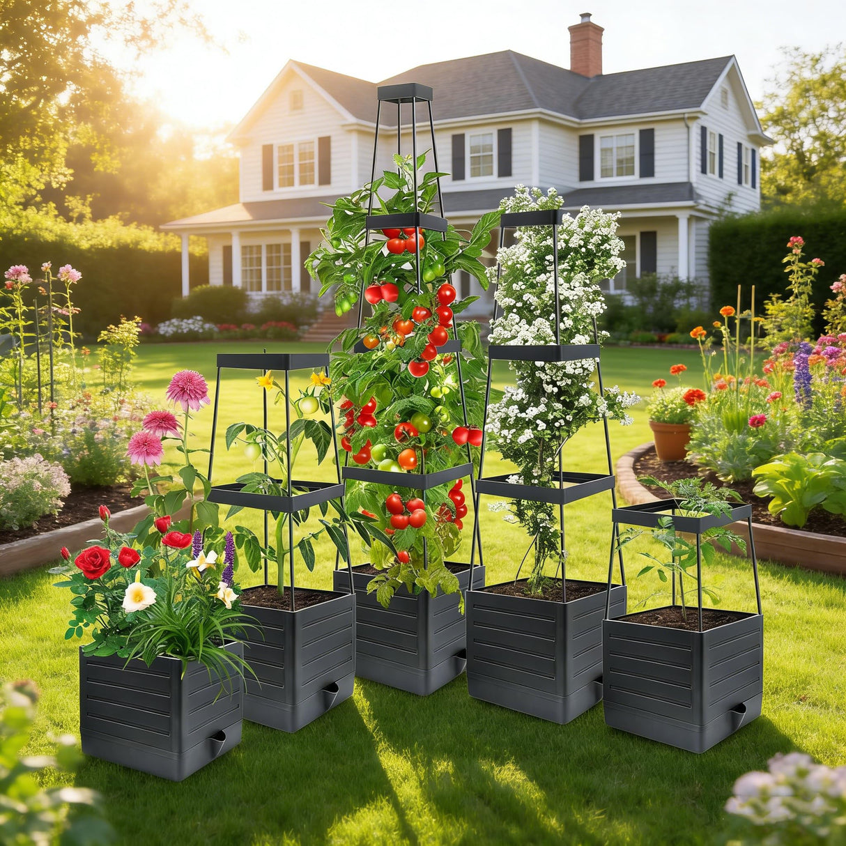 MQUPIN Self Watering Tomato Planter with Trellis, 57" Raised Garden Bed for Climbing Vegetables Vine Flowers, Tomato Cage Plant Support for Indoor Outdoor Patio Greenhouse (1 Pack)
