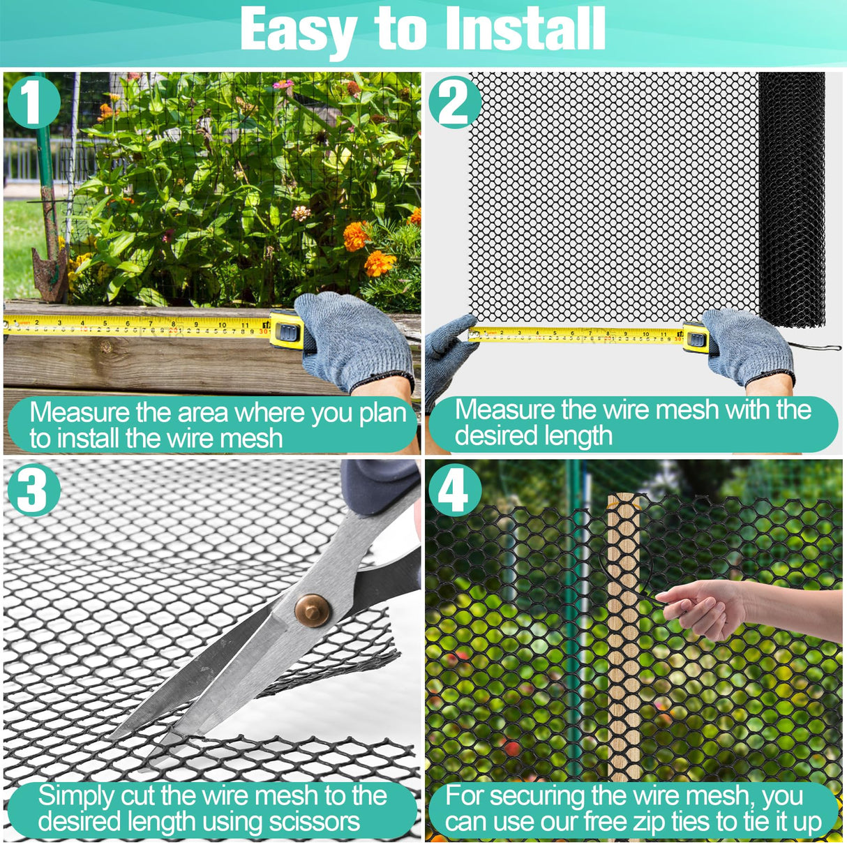 Plastic Mesh Fence Sheet 15.7IN x 50FT - 0.3IN Opening Plastic Chicken Wire Netting Roll Durable for Dogs, Poultry, Puppy, Garden Snake Barrier with 50 Pcs Zip Ties - Black
