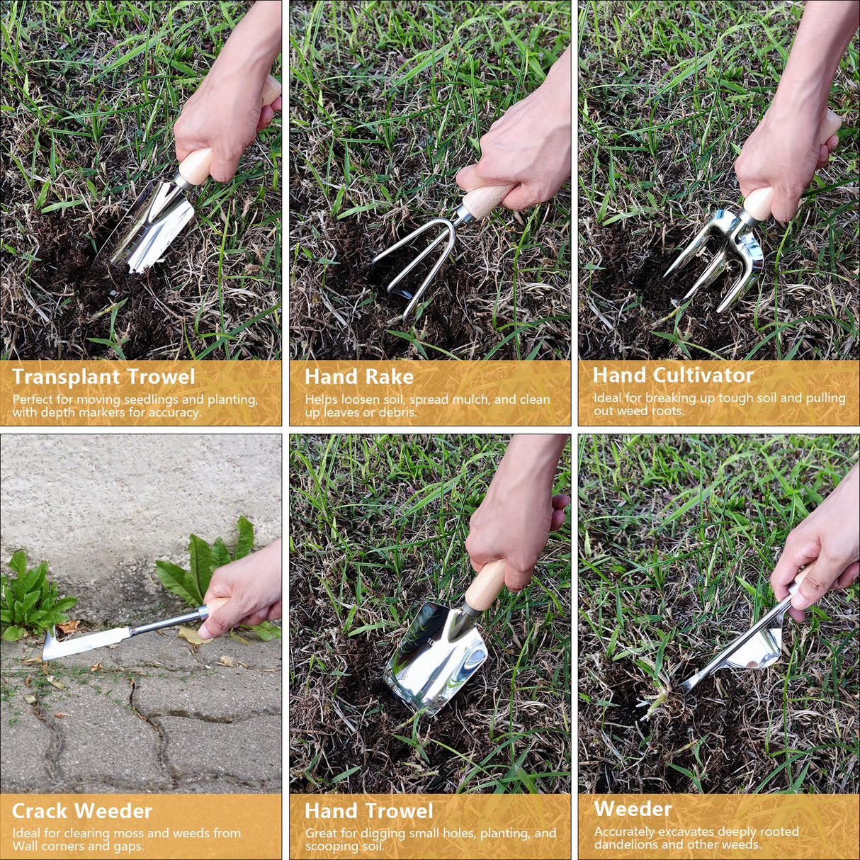 DWFKHT Weed Puller Tool, 6 Piece Stainless Steel Heavy Duty Weeding Tool, Weed Puller, Crack Weeder Tool, Weed Remover Tool with Ergonomic Wooden Handle, Gardening Gifts for Women