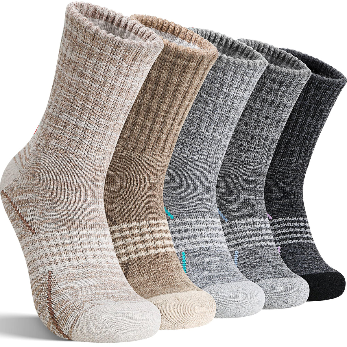Sandsuced Merino Wool Hiking Socks Thermal Warm Winter Cozy Outdoor Crew Socks 5 Pairs Gift Stocking Stuffers for Women Men(Black/Khaki/Gray,M)