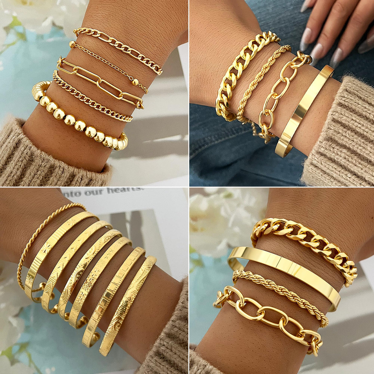 FAXHION 68 Pcs Gold Jewelry Set for Women with 7 Necklace, 17 Bracelet, 5 Hoop Earrings, 15 Stud Earrings, 24 Knuckle Rings for Women Jewelry Set for Women Gift