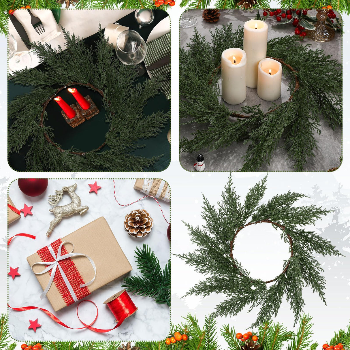 Gandeer Christmas Placemats Set of 6 Round Greenery Place Mats Xmas Circular Artificial Wreath Dining Table Decor Winter Fake Plants Branches Mats for Kitchen Accessories(Cedar)