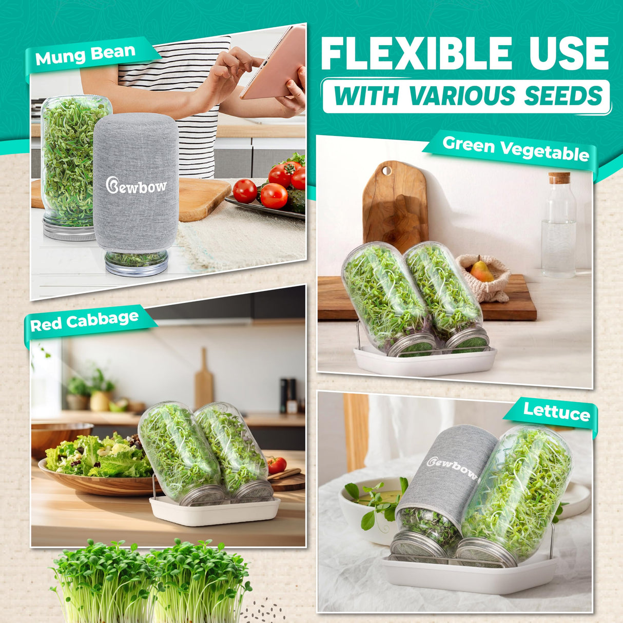 [LARGE SIZE] 2000ml(68oz) Seed Sprouting Mason Jar Kit with Stand,Drain Tray, Screen Lids,Blackout Sleeves,Good Ventilation & Drainage Capacity,Growing Fresh Organic Mung Beans,Broccoli & Microgreens