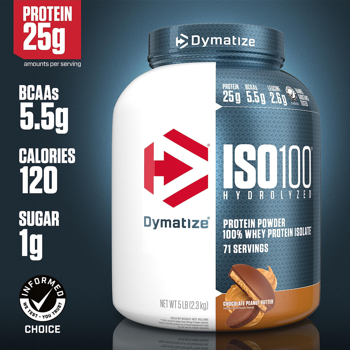 Dymatize ISO100 Whey Protein Powder Isolate, Chocolate Peanut Butter, 25g of Protein, 5 Pound, 5.5g BCAAs, Less Than 120 Cal., Gluten Free, 1g Fat, 1g Sugar, 2g Carb (71 Servings)