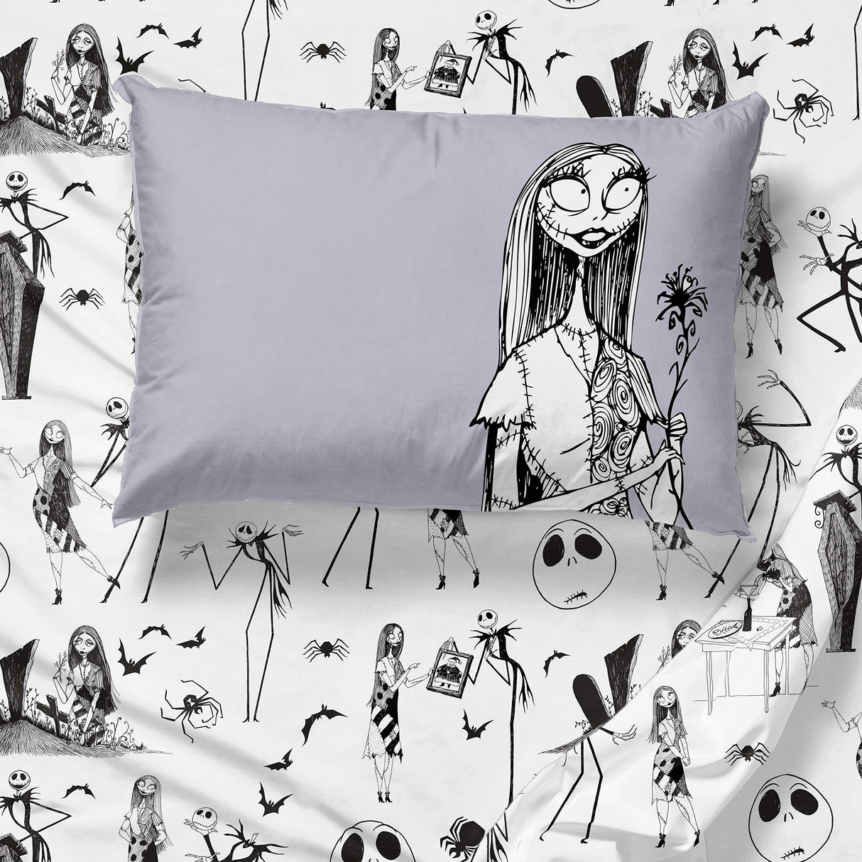 Jay Franco Kids Sheet Set with Fitted, Flat Sheets & Pillow Cover - Ultra-Soft Bedding with Pillowcase for Room Decor, White - Nightmare Before Christmas, 3 Piece Twin