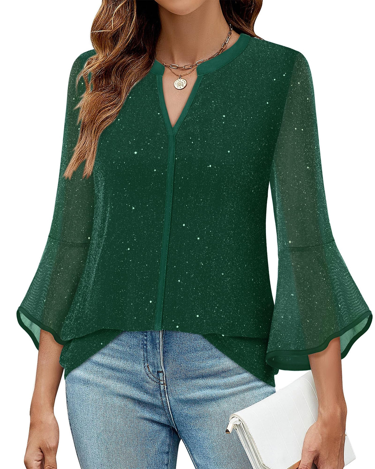 VALOLIA Sparkly Tops for Women: 3/4 Sleeve - Christmas Tops for Women 2024 - Womens Blouse for Wedding Guest Holiday Party Shirts Loose Fit Womens Green Sparkle Blouse V-Neck Sequin Tunic XXXL