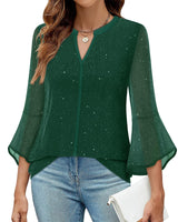 VALOLIA Sparkly Tops for Women: 3/4 Sleeve - Christmas Tops for Women 2024 - Womens Blouse for Wedding Guest Holiday Party Shirts Loose Fit Womens Green Sparkle Blouse V-Neck Sequin Tunic XXXL