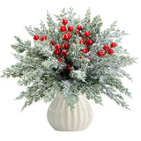 60 Pcs Artificial Christmas Snow Pine Branches with Red Berry Stems, Snowy Faux Greenery Norfolk Pine Cypress Leaves Stems, Berries White Frosted Fake Foliage Pine Needle Picks for Garland Home Decor