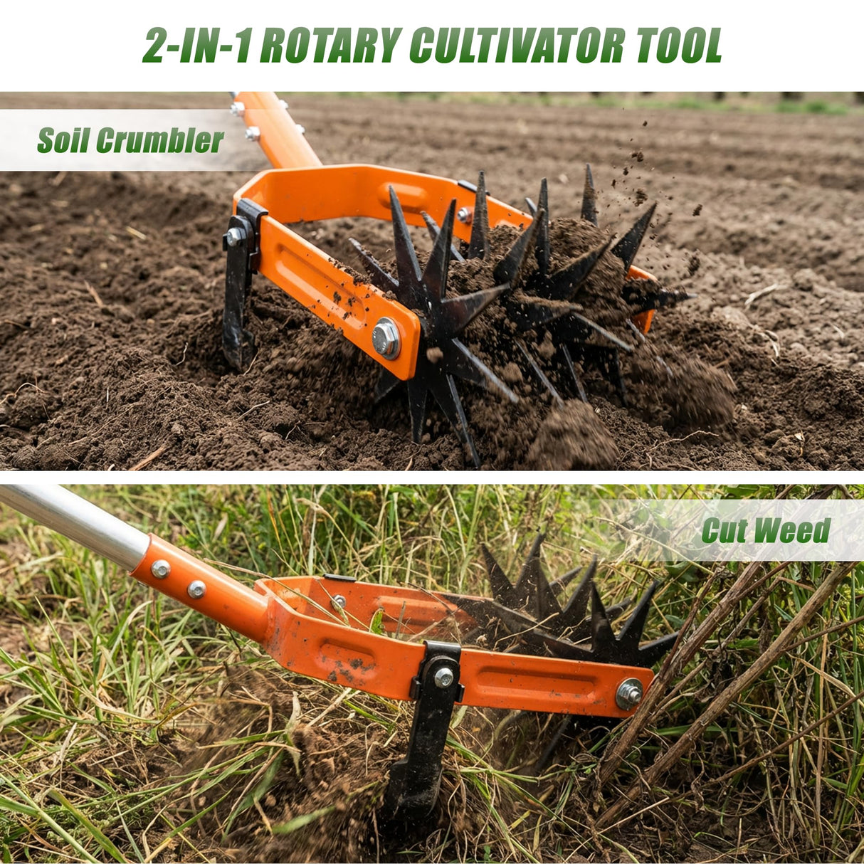 DwelSpire Rotary Cultivator - Long Handle Garden Cultivator with Adjustable Stainless Steel Pole, 2-in-1 Hand Tiller Garden Tool for Weeding, Soil Loosening, Aerating & Reseeding Grass