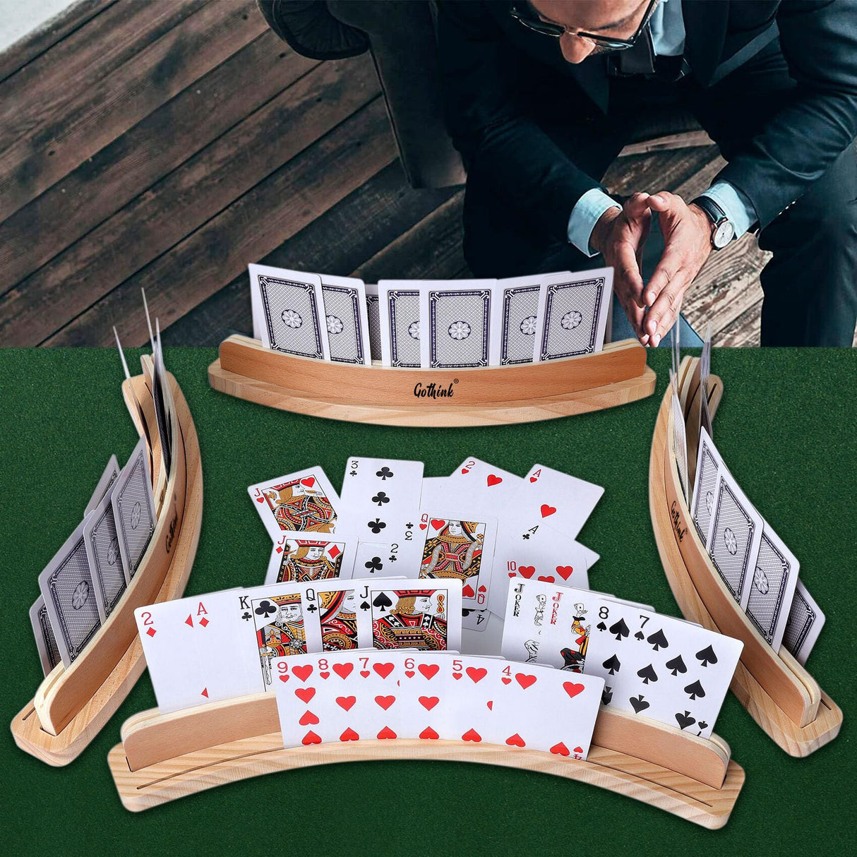 GOTHINK Set of 4 - Cruved Playing Card Holder for Kids Adult Seniors 2 Slot Solid Wood Cards Holders for Playing Cards 14 x 1.6 x 1.8 Inch Non Slip Card Deck for Bridge Canasta Strategy Card Games