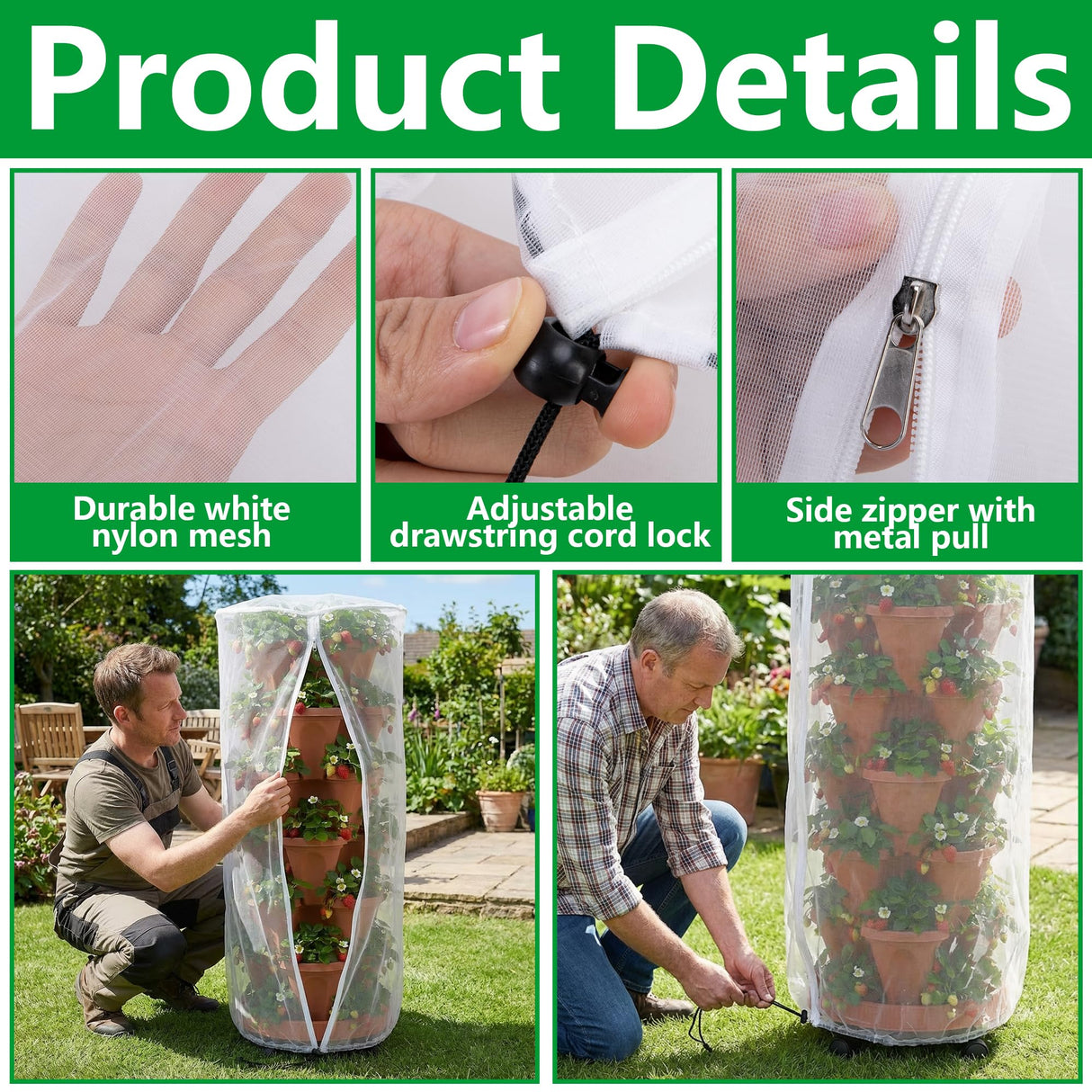 2 Pcs Vertical Plant Pot Insect Netting with Zipper, 59"x22" Stackable Planter Garden Net Cover, 6 to 7 Tier Planter Pot Insect Bird Barrier Protection Mesh for Strawberry Herb Flower Fruit Vegetable