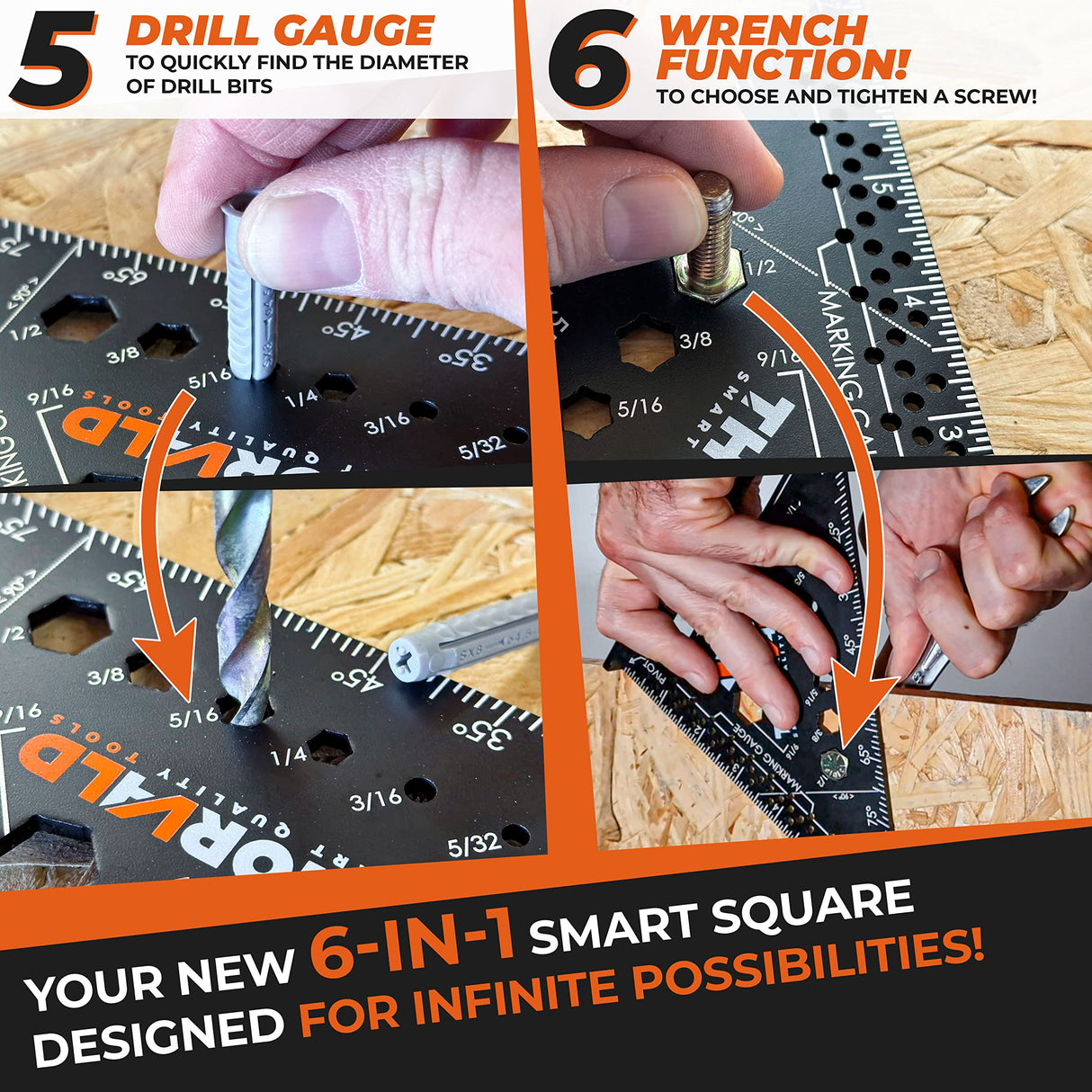 THORVALD 6-in-1 Carpenter Square 7 inch (1/16" Precision) T Square Multi-Purpose Carpenter Tools : Wrench, Square, Protractor, Ruler, Marking Gauge, Drill Gauge, Includes 2-in-1 Carpentry Pencil