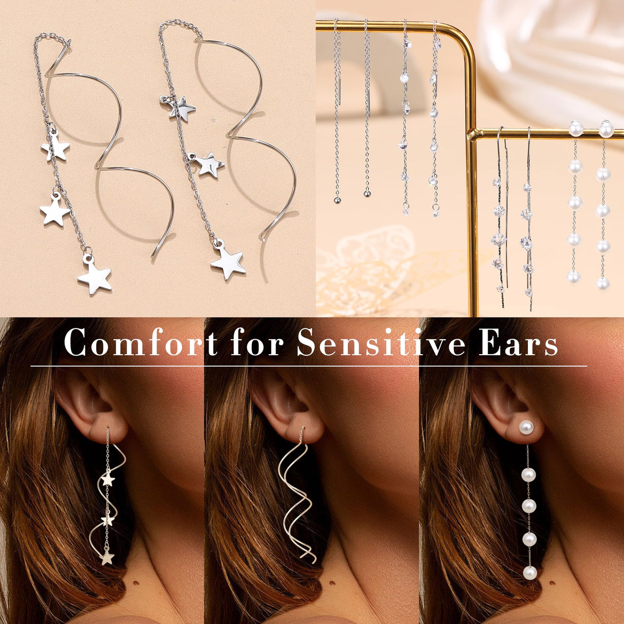 HAIAISO 8 Pairs Threader Dangle Earrings for Women 316L Stainless Steel Chain Tassel Earrings Lightweight Double Twist Wave Threader Drop Earrings Long Chain Earrings Set