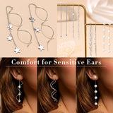 HAIAISO 8 Pairs Threader Dangle Earrings for Women 316L Stainless Steel Chain Tassel Earrings Lightweight Double Twist Wave Threader Drop Earrings Long Chain Earrings Set